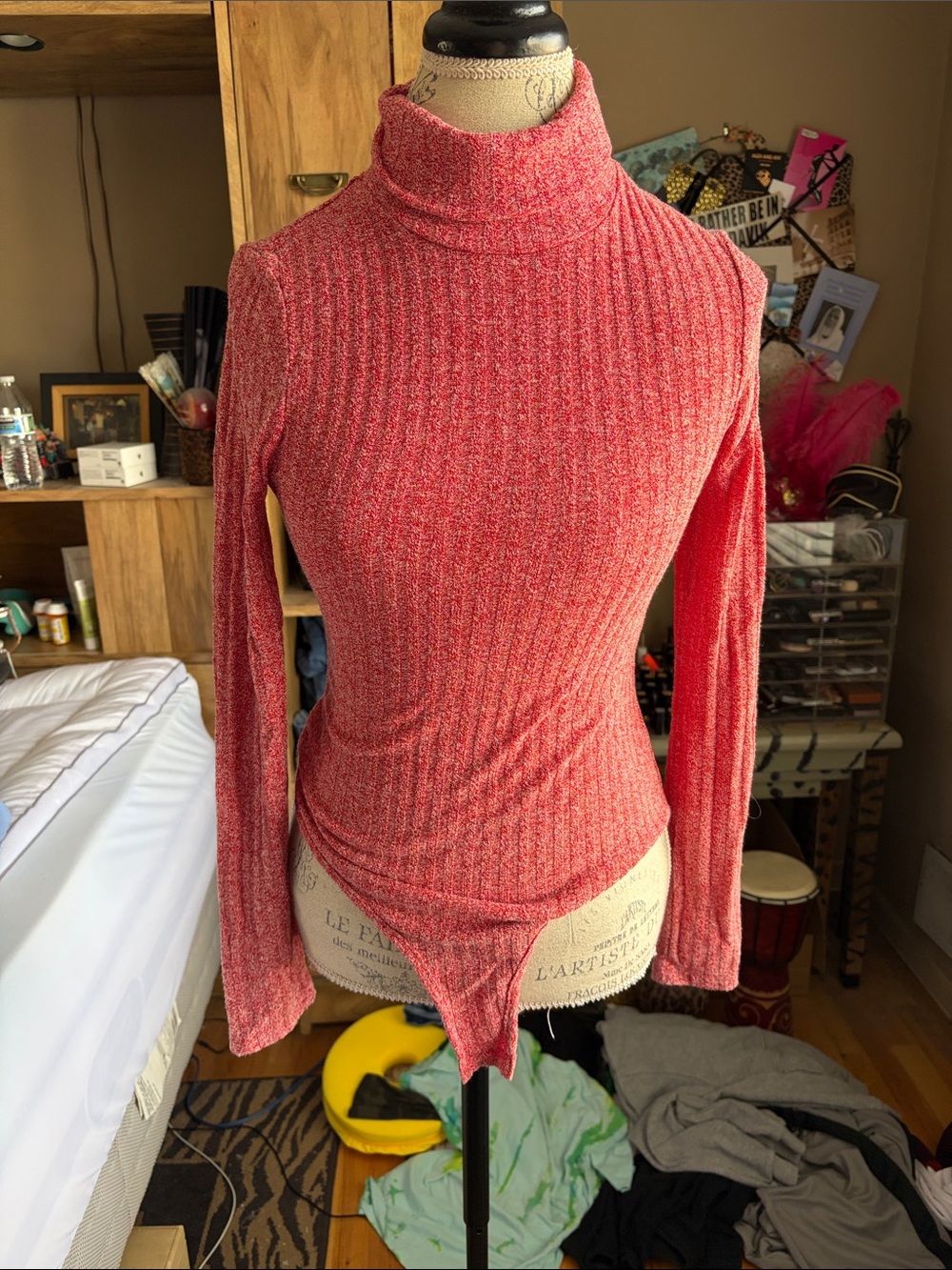 Ribbed Turtleneck Bodysuit Sweater in Coral Pink - small